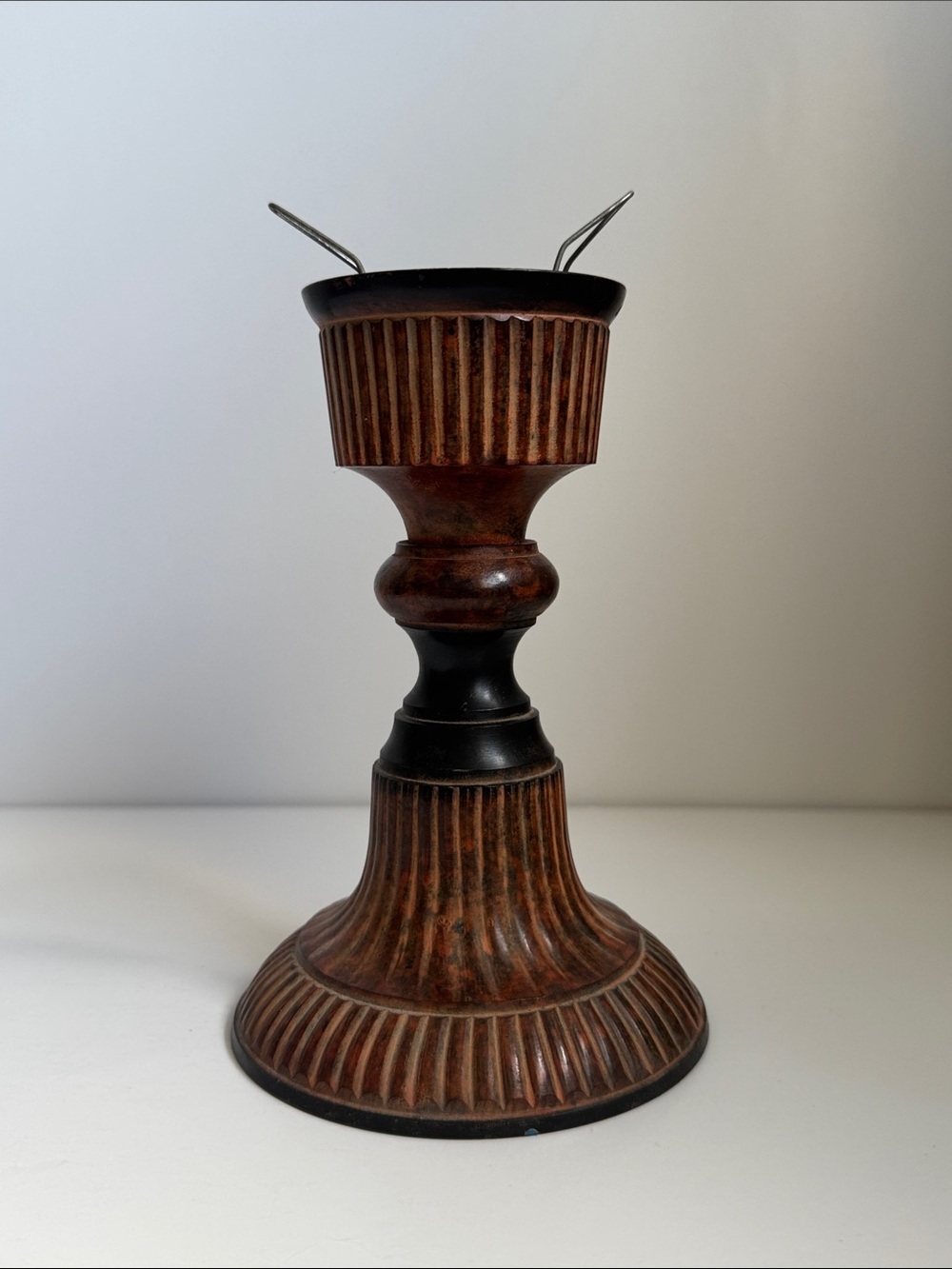 Vintage metal table lamp base with faux wood-grain finish. Made in India.